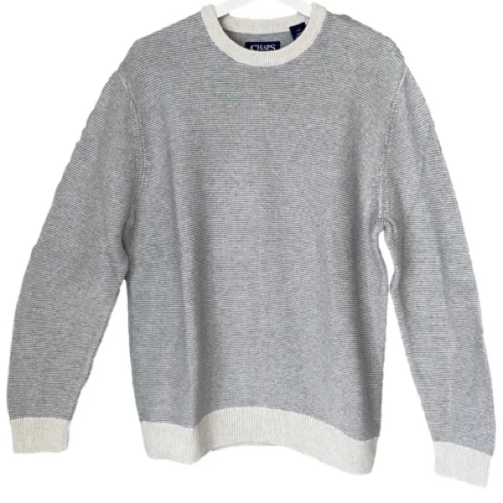 CHAPS Sweater Crewneck Long Sleeve Gray Creamy White Knit Mens L